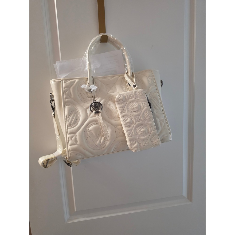 Valentino Orlandi Cream Quilted Logo Tote Bag Satchel with Pouch and Strap NEW - Picture 2 of 9